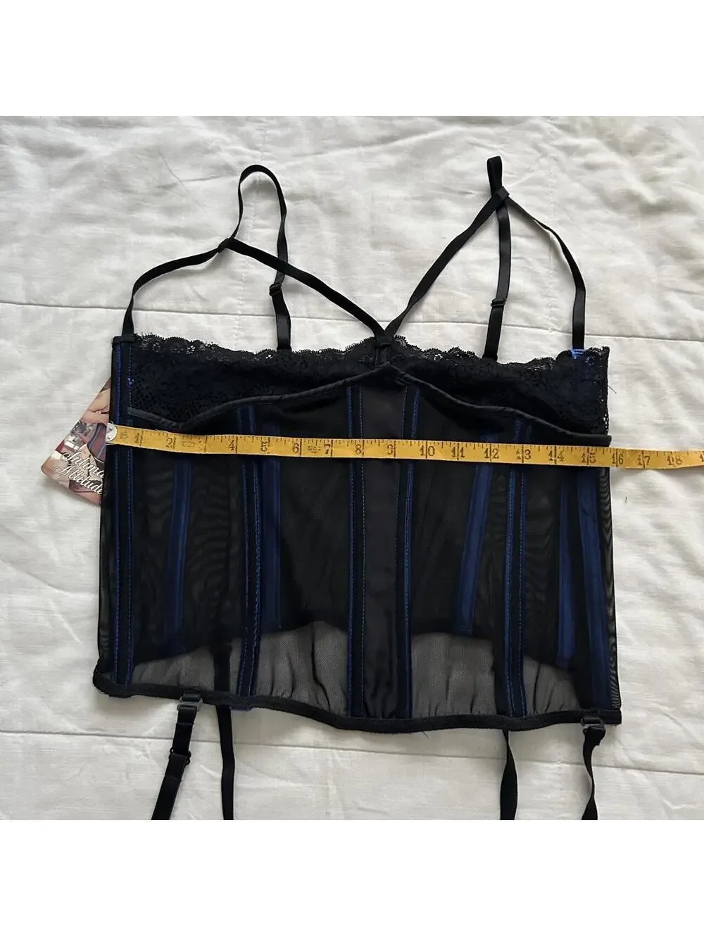 Deadstock NWT Black Mesh Corset Cami Blue Satin Boning Lace Garter Bustier Top